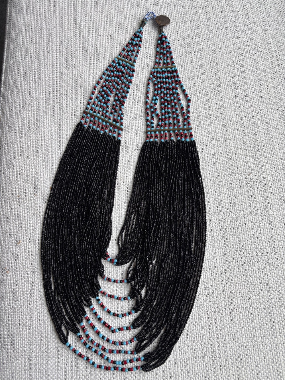 Multi-Strand Beaded Fringe Necklace in Black, Turquoise & Red
